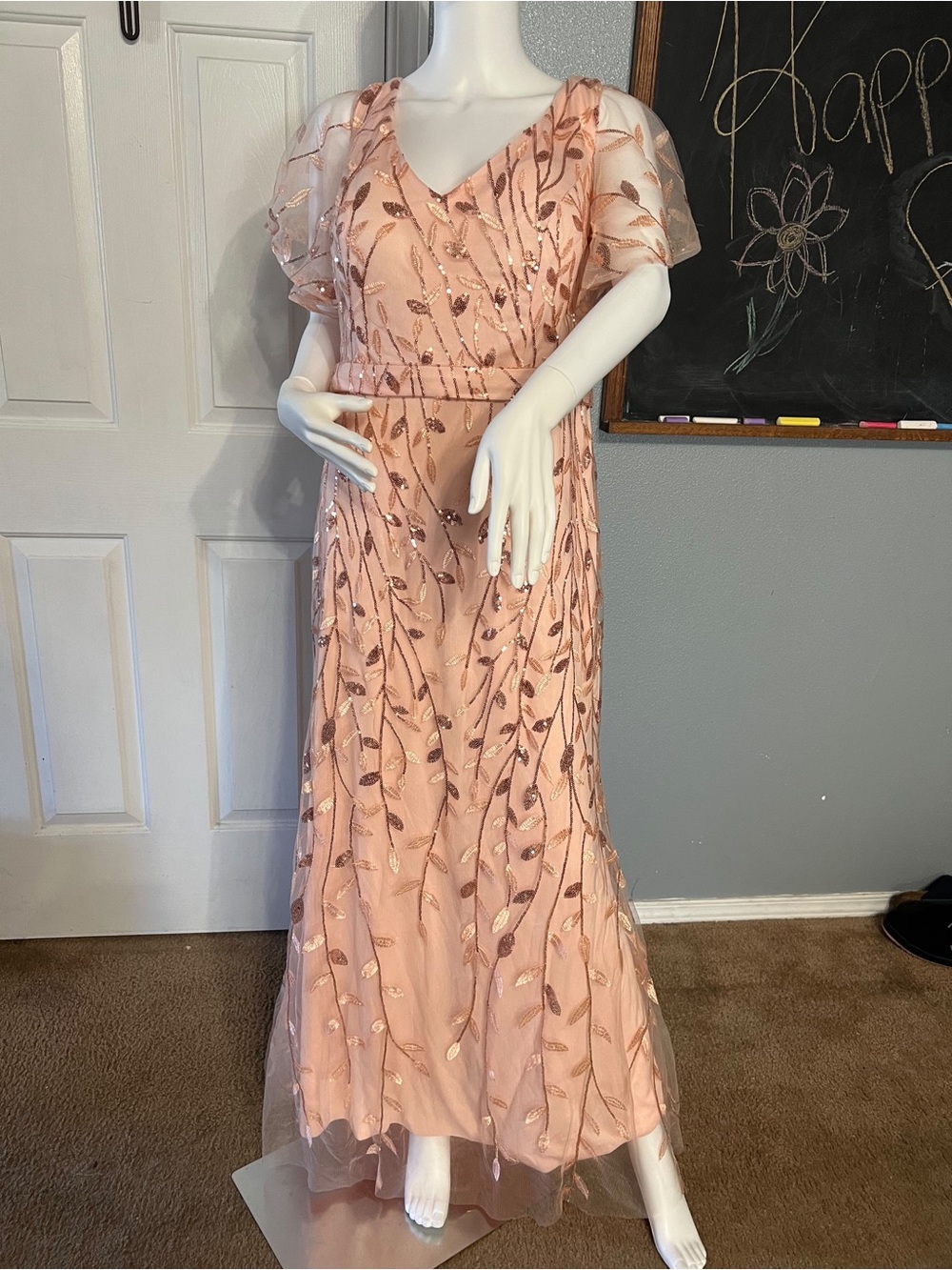 Blush Pink V-Neck Maxi Dress with Sequin Leaf Detailing